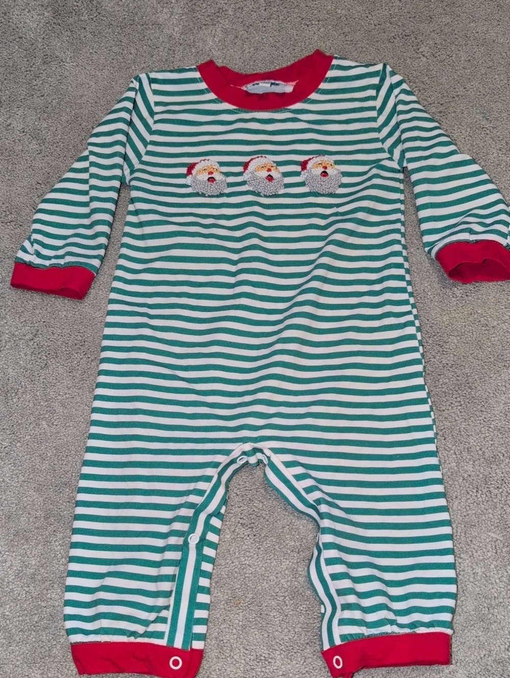Striped Green & White Baby One-Piece with Red Trim. 12 Months